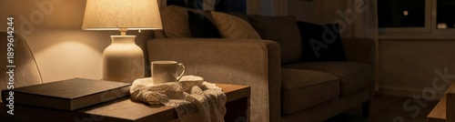Cozy evening living room with lamp, book, and mug on wooden table