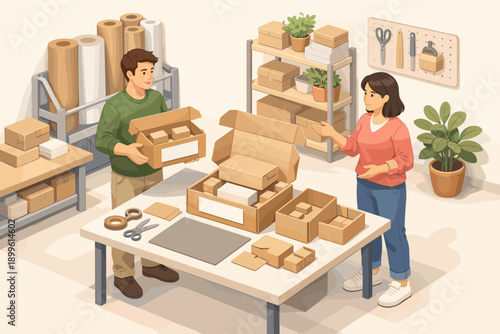 Young caucasian male and female entrepreneurs packing boxes in small business workshop