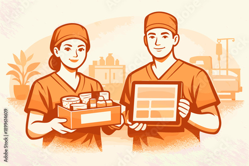 Asian male and female healthcare workers with medical supplies and digital tablet