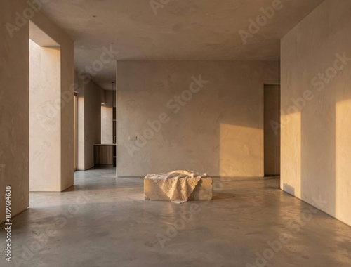 Minimalist modern interior with warm sunlight and textured sculpture in gray space