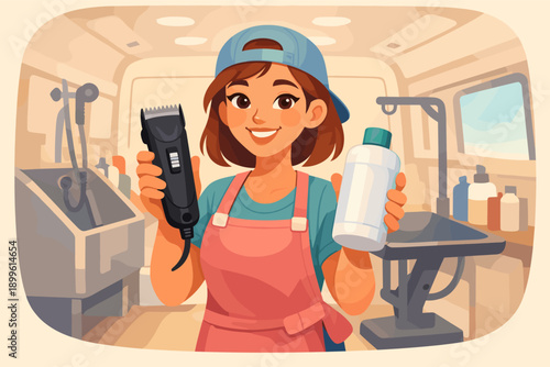 Young hispanic female pet groomer holding clipper and shampoo inside mobile grooming van