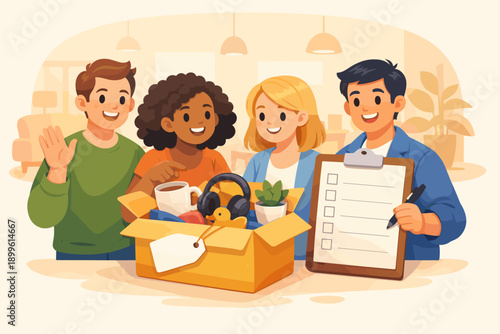 Diverse group of young adults organizing donation box together