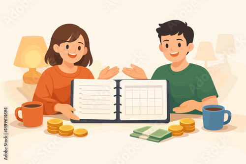 Young caucasian couple planning budget with notebook and coffee at cozy table