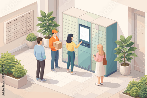 People collecting packages from parcel locker in bright indoor setting