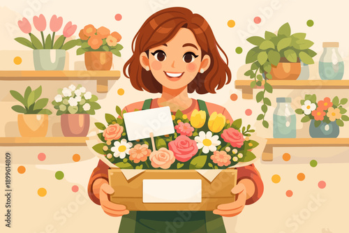 Caucasian young female florist holding box of colorful flowers in cozy shop