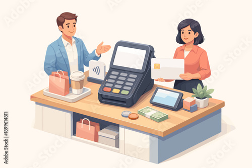 Young caucasian male and female using contactless payment at store counter