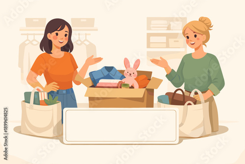 Two young women organizing clothes and toys in donation box with smiling faces