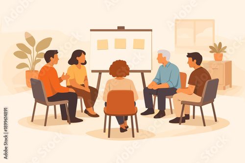 Diverse group of adults in discussion at community meeting