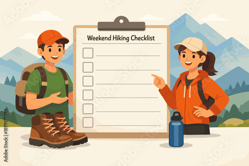Weekend hiking checklist with young caucasian male and female in mountain setting