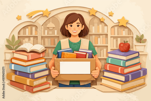 Young caucasian female with books in library setting surrounded by stacked books and stars