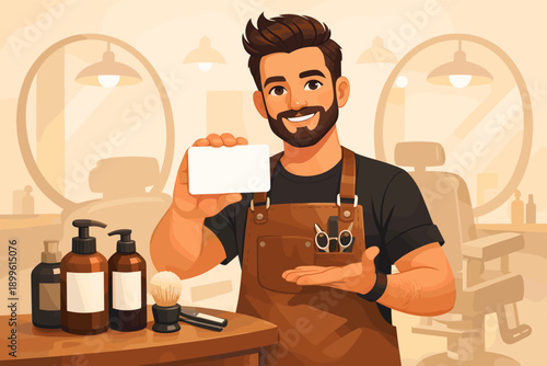 Caucasian male barber displaying blank card in barbershop setting