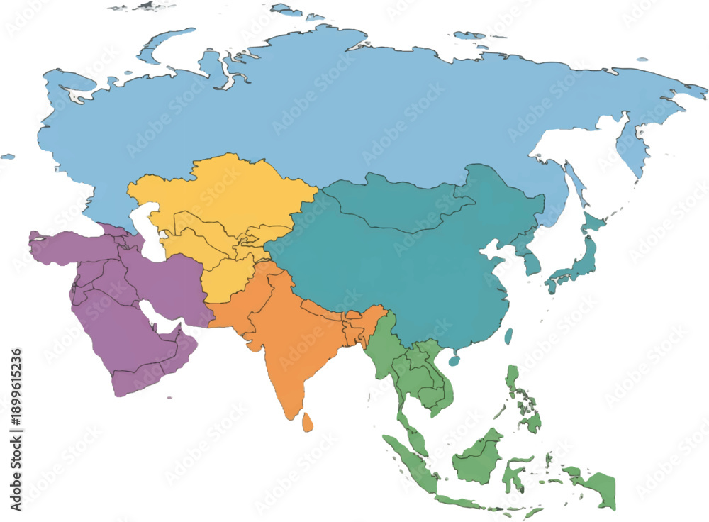 Obraz premium Continental Asia Map with Color-Coded Subregions Illustrating Diverse Geographic Areas