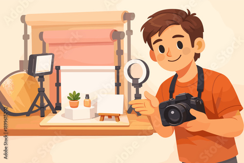 Young caucasian male photographer setting up studio with camera and tripod