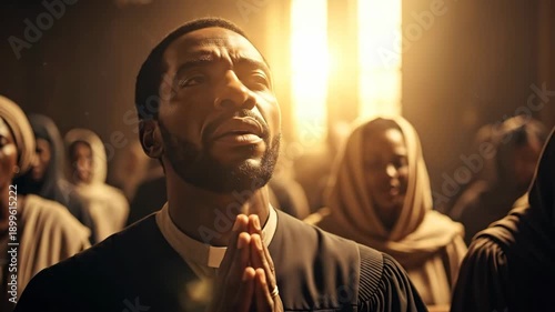 African Americans pray in church with their parishioners. An African American pastor and the Christian congregation worship God. Religious ceremony.
