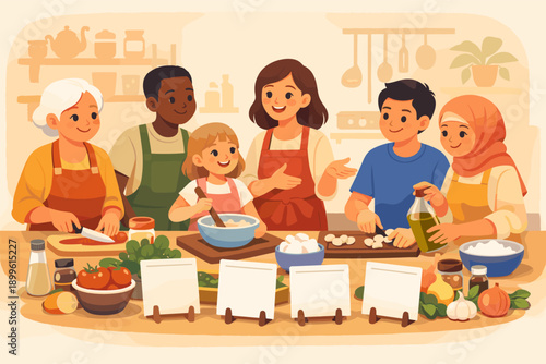 Diverse group cooking class with people of various ages and backgrounds