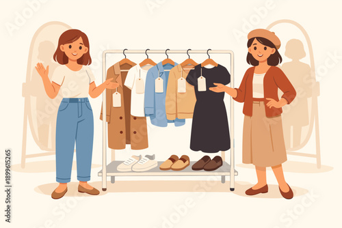 Friendly young females shopping for clothes on sale at boutique