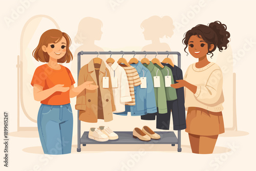 Young women shopping for fashionable clothes on clothing rack