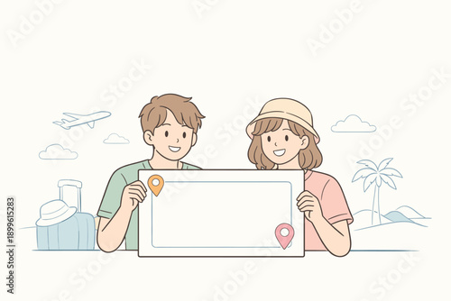 Young caucasian couple traveling with a blank map and vacation elements