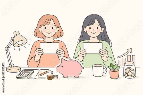 Two young women financial planning with charts, piggy bank, and calculator