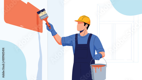 Professional house painter in blue overalls and a yellow hard hat applies orange paint to a wall using a large brush.
