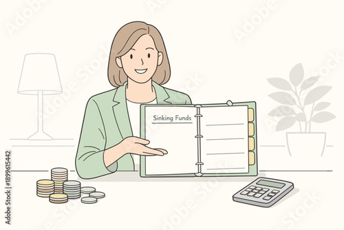 Female adult holding sinking funds notebook with coins and calculator