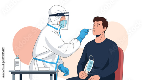 Medical professional in full protective gear performs a nasal swab covid test on a man holding a mask in an office.