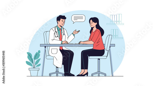 Male doctor in a white lab coat consults with a female patient across a desk in a clean, modern medical office setting.