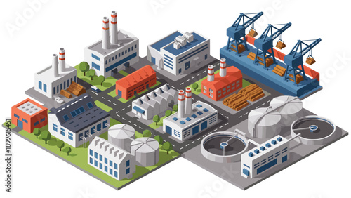 Comprehensive isometric industrial area featuring factories, warehouses, shipping docks, and waste water treatment tanks.
