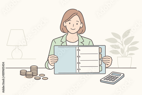 Illustration of young caucasian female accountant with binder, coins, and calculator