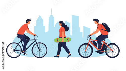 Urban commuters include two men riding bicycles and a woman walking with a skateboard against a city skyline background.
