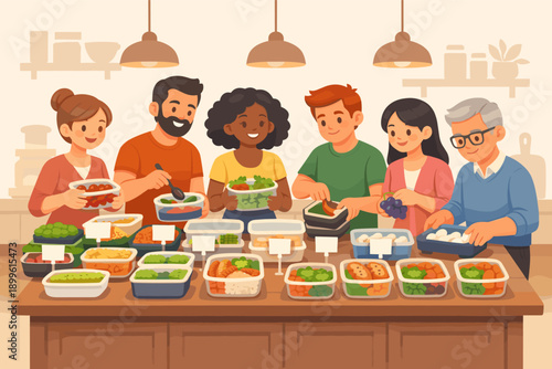 Diverse group of people preparing healthy meals together in a modern kitchen