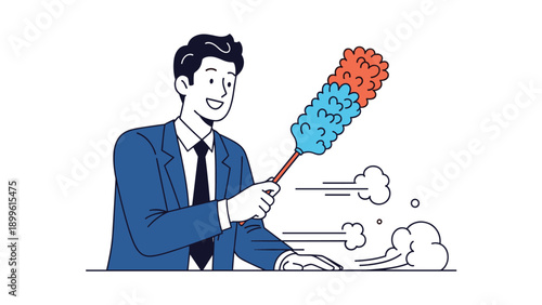 Enthusiastic businessman in a blue suit uses a colorful feather duster to clean a surface with cartoonish dust clouds.