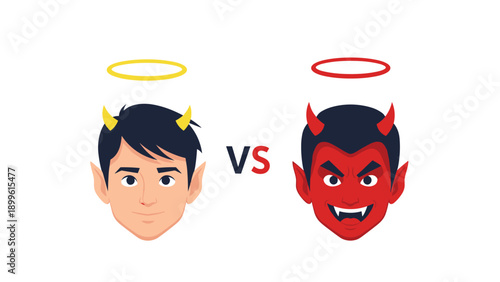 Conceptual comparison features a normal man with angel and devil traits facing off against a fully red devil character.