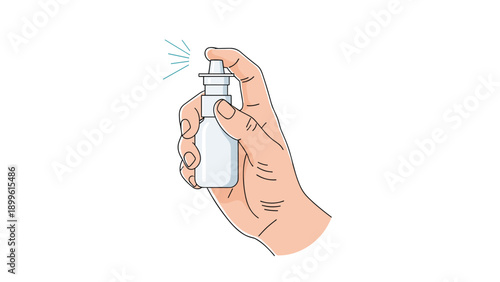 Detailed illustration of a human hand holding and activating a white nasal spray bottle against a plain white background.