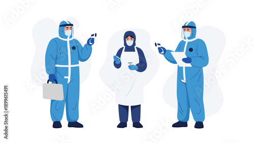 Three medical professionals in blue protective suits and face shields work together using thermometers and clipboards.