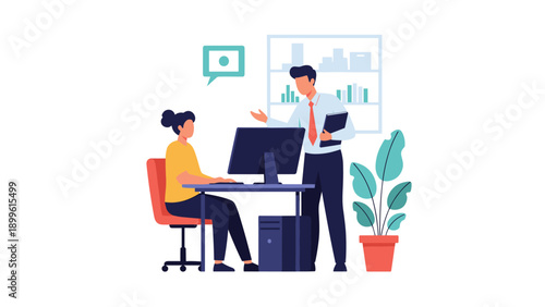 Professional office scene features a male manager giving instructions to a female employee working on a desktop computer.