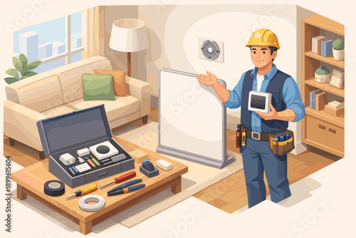 Caucasian male technician explaining home automation system setup in modern living room