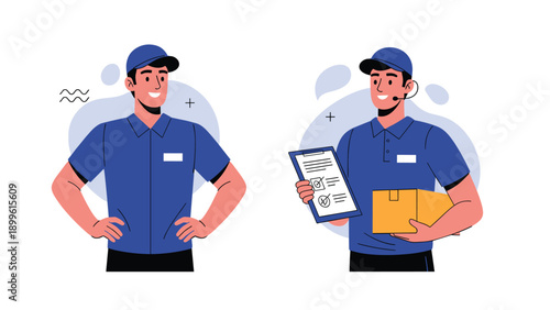 Two friendly delivery men in blue uniforms, one with a clipboard and package, represent reliable courier services.
