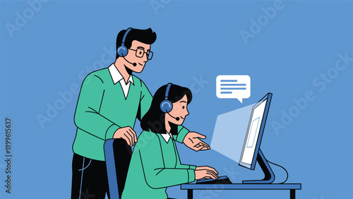 Male and female call center agents wearing headsets work together at a computer to provide friendly customer support and technical assistance.