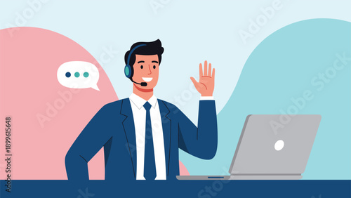 Friendly male customer support representative wearing a headset waves hello while working at his laptop to provide online help to clients.