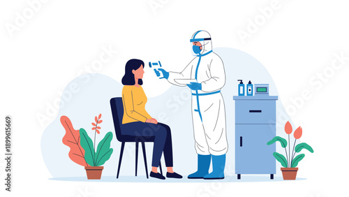 Medical professional in a white protective suit checking the temperature of a young woman with a digital thermometer during a health check.