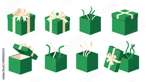 Collection of green gift boxes with white ribbons shown in various states of being closed and opened with festive confetti popping out.