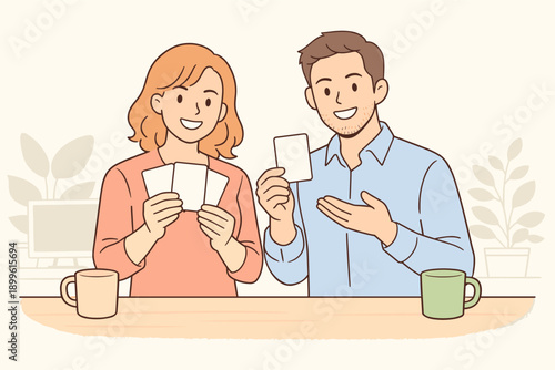 Smiling young caucasian adults playing card game at table with coffee mugs