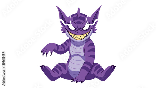 Playful purple monster character with sharp teeth and yellow eyes sitting on a plain white background in a cute cartoon illustration style.