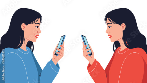 Two young women facing each other while looking at their smartphones to represent social media interaction and digital communication.