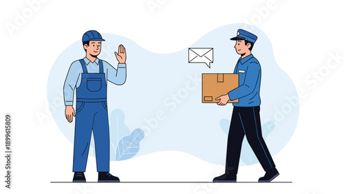 Uniformed worker waving hello to a delivery person carrying a cardboard box and an envelope icon in a clean flat style illustration.