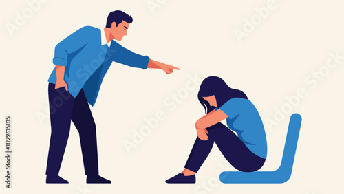 Angry man pointing his finger and yelling at a sad woman sitting on the floor to represent domestic conflict and emotional abuse.