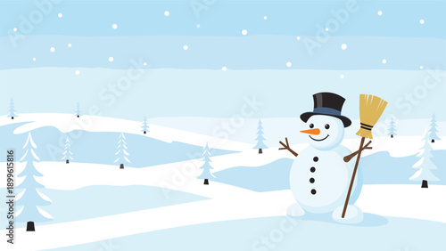 Happy snowman wearing a black top hat and holding a broom standing in a peaceful snowy winter landscape with pine trees and falling snow.