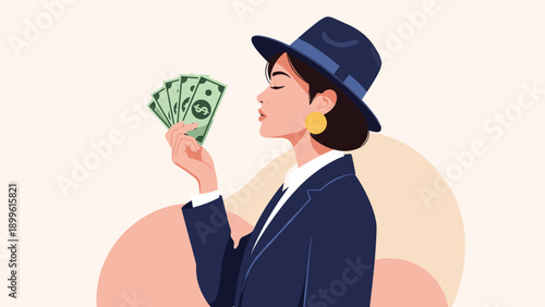 Confident stylish woman wearing a professional navy blue suit and matching hat holds a fan of dollar bills against a warm background.