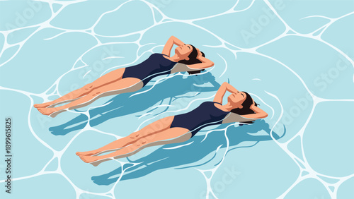 Two young women in dark swimsuits enjoy a relaxing moment while floating on the crystal clear surface of a swimming pool.